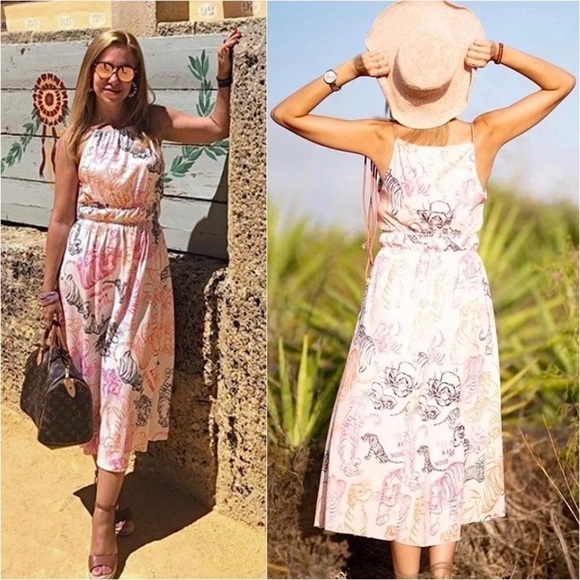 NWT ZARA X DISNEY Midi Dress Jungle Book Sketch Print Halter Rope Tie Pleated S - Picture 3 of 13